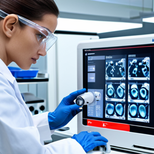Home 4 **A laboratory scientist in a clean, modern lab environment, carefully analyzing samples using advanced equipment. Focus on precision and cutting-edge technology, reflecting automation and molecular diagnostics.**