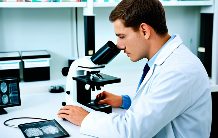 **

"A diligent medical student in a modest lab coat, carefully examining a microscope slide in a well-lit pathology lab, fully clothed, appropriate attire, safe for work, perfect anatomy, natural proportions, professional photography, high quality."

**