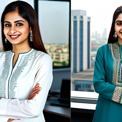 Home 20 Confident Professional**
"A Pakistani woman in her late 20s, smiling warmly, dressed in a shalwar kameez appropriate for a professional setting (e.g., subtle embroidery, modest neckline), standing in a modern office with a cityscape visible in the background. She has perfect anatomy, correct proportions, well-formed hands, natural body proportions, fully clothed, professional. The image should convey confidence and competence. Safe for work, appropriate content, family-friendly, modest."
**
