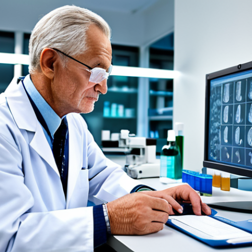 Home 11 Senior Medical Lab Scientist**
* A senior medical laboratory scientist in a modern diagnostic lab, analyzing samples with sophisticated equipment, fully clothed in professional lab attire, safe for work, appropriate content, perfect anatomy, natural proportions, professional.
**