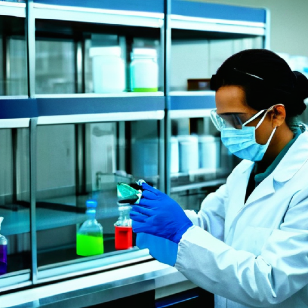 임상병리사 실험실 안전 수칙 - **Prompt 1: Personal Protective Equipment and Chemical Safety**
"A young, focused laboratory tec...