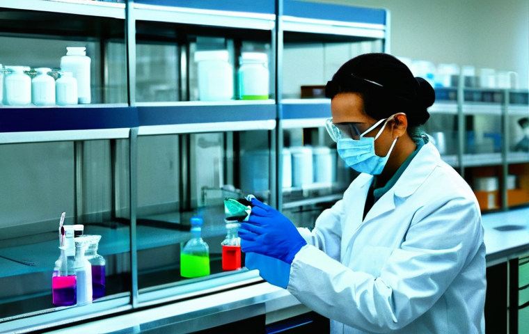 임상병리사 실험실 안전 수칙 - **Prompt 1: Personal Protective Equipment and Chemical Safety**
"A young, focused laboratory tec...