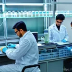 임상병리사의 하루 일과 - **Prompt:** A bustling morning in a state-of-the-art medical laboratory in Pakistan. Diverse male an...