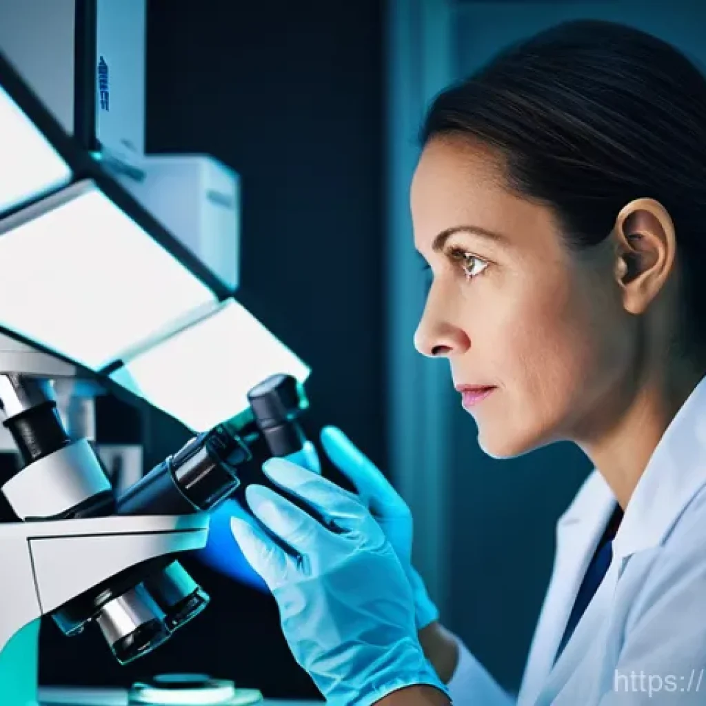 임상병리사 재직자의 퇴사 이유 - **Prompt:** "A middle-aged clinical pathologist, female, deeply focused as she examines a slide unde...