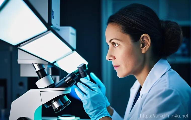 임상병리사 재직자의 퇴사 이유 - **Prompt:** "A middle-aged clinical pathologist, female, deeply focused as she examines a slide unde...