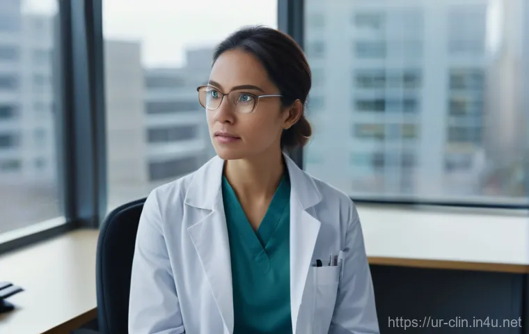 임상병리사 재직자의 퇴사 이유 - **Prompt:** "A young male clinical pathologist, looking thoughtful and slightly overwhelmed, stands ...